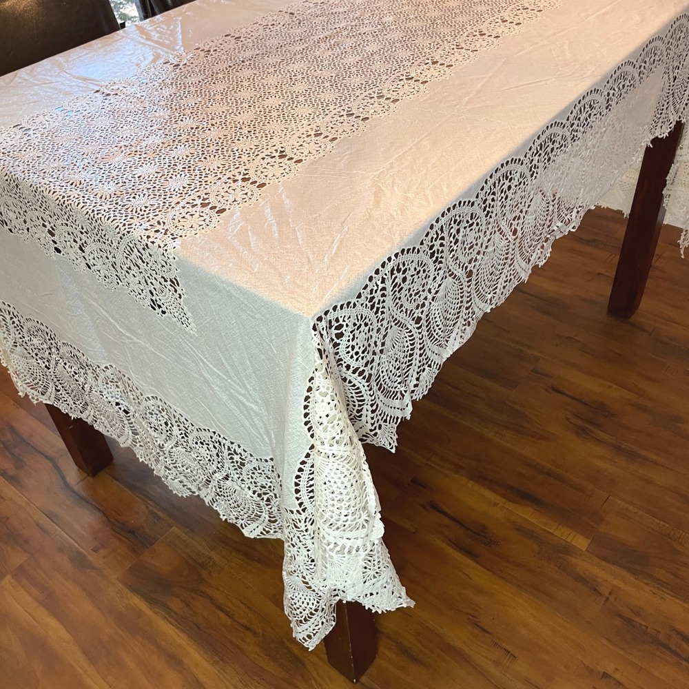 Vintage Vinyl Coated Lace Tablecloth Rectangle 108x60 Ivory Die Cut Victorian